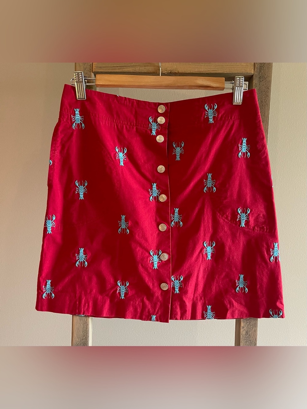 Retro Lilly Pulitzer Red Embroidered Lobster Button-Front Skirt size 8